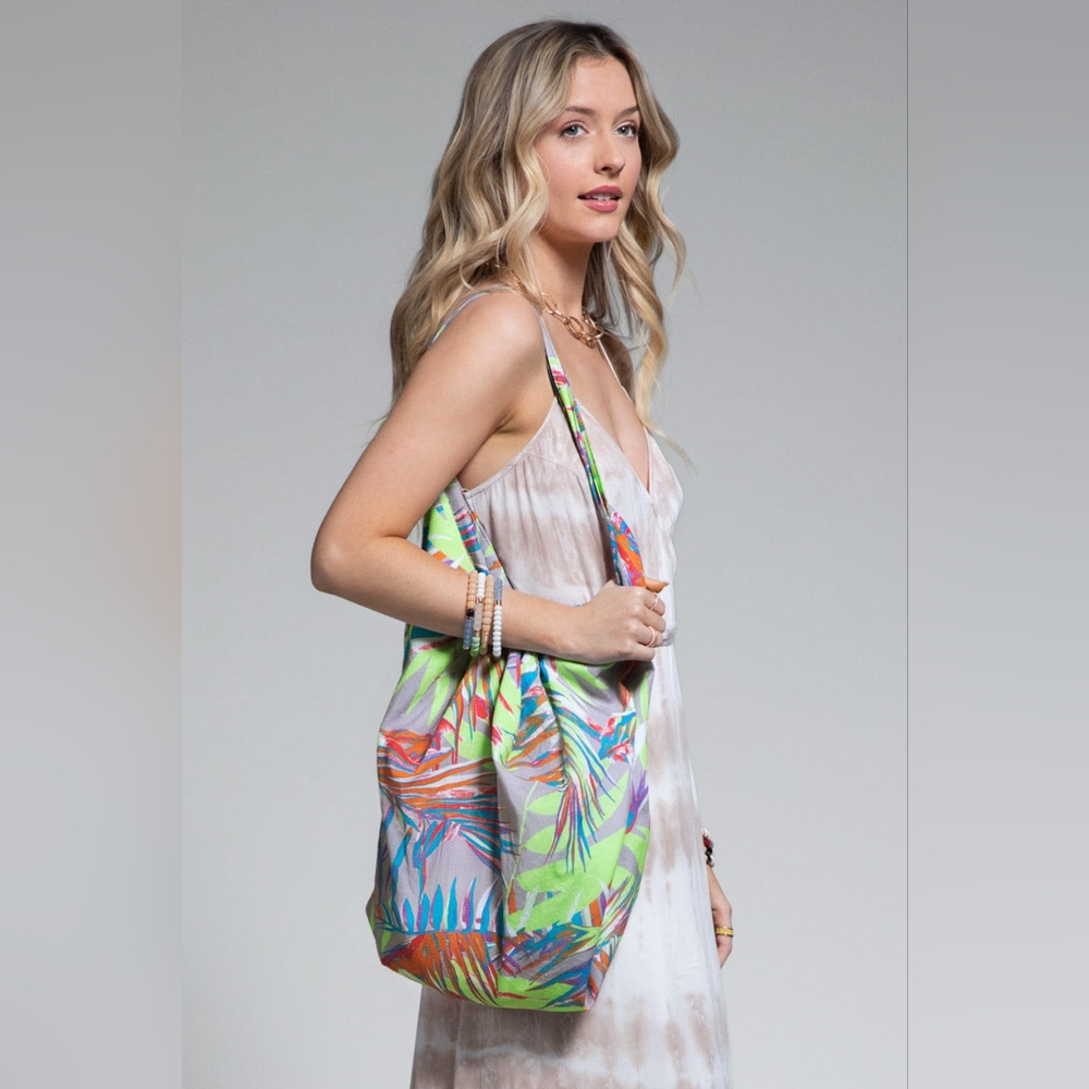 Boho Chic Beach Yoga Hobo Shoulder Bag - Multi Colored Tropical Palm Frond Print - Picture 8 of 8
